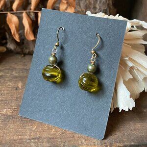 Faceted Olive Green Glass Beaded Drop Earrings Goldtone Earwire